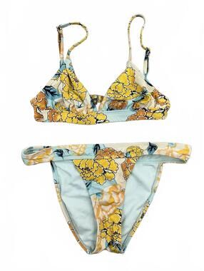 The Bikini Lab Floral Two Piece Bikini Set Light Blue Yellow Adjustable Straps